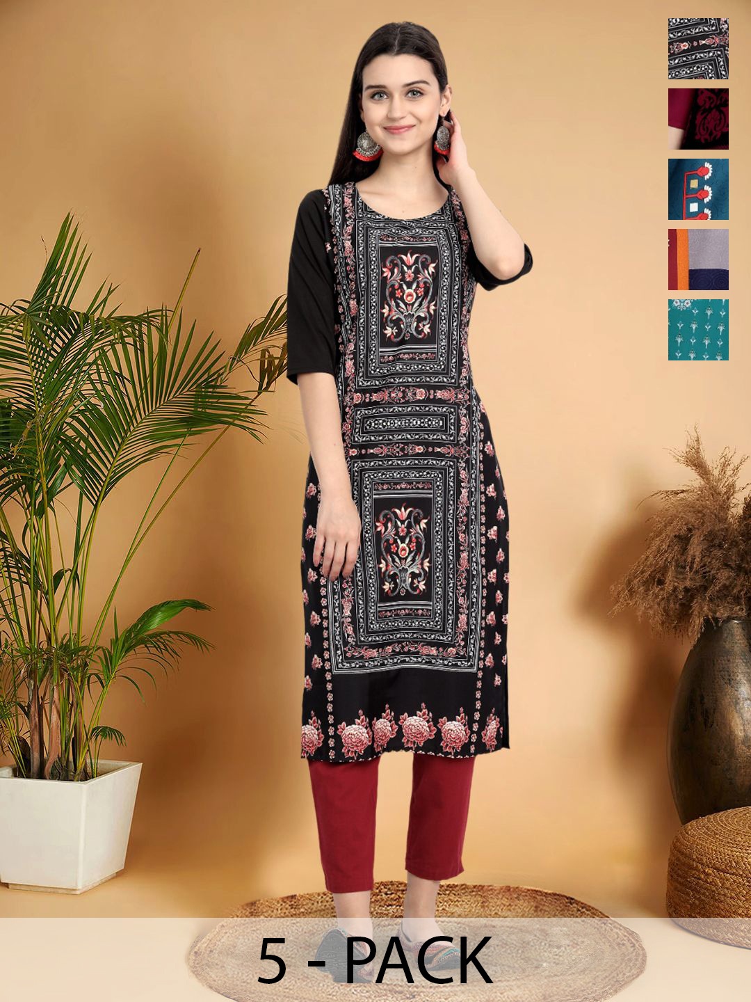 

7Threads Selection Of 5 Ethnic Motifs Printed Round Neck Kurtas, Black