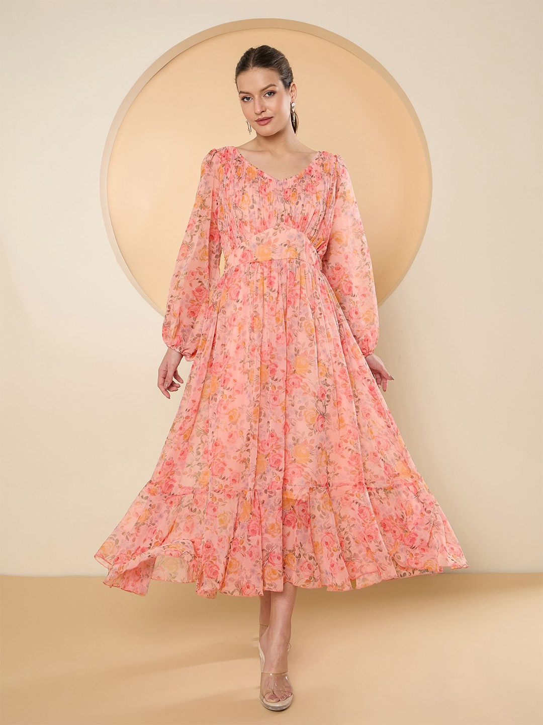 

Antheaa Floral Print Bell Sleeve Chiffon Fit & Flare Midi Dress, Peach