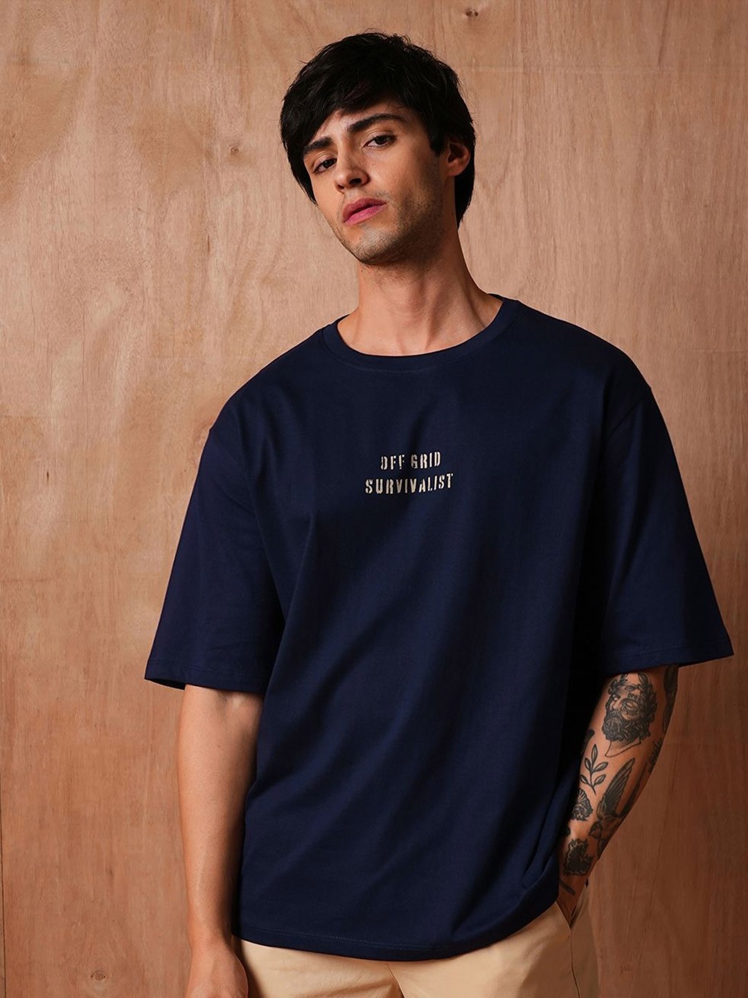

The Roadster Lifestyle Co. Men Typography Printed Round Neck Cotton Relaxed Fit T-shirt, Navy blue