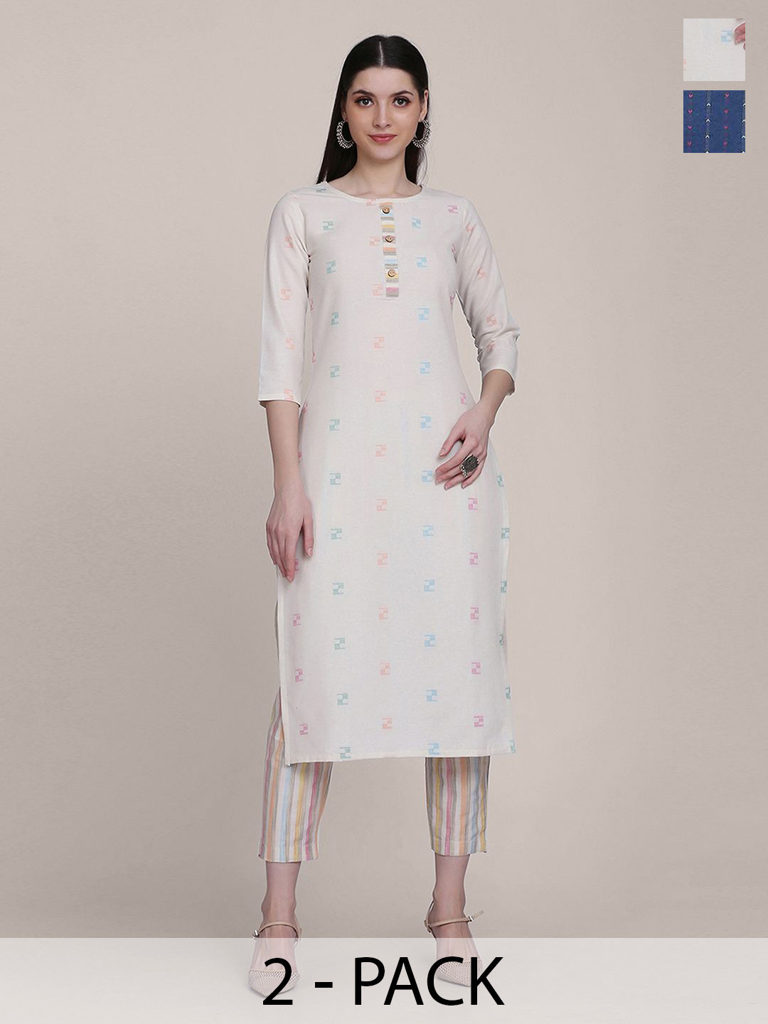

KALINI Selection Of 2 Geometric Printed Dobby Straight Kurtas with Trousers, White