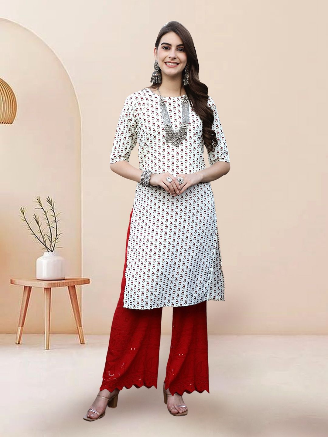 

7Threads Selection Of 3 Floral Printed Round Neck Kurtas, White