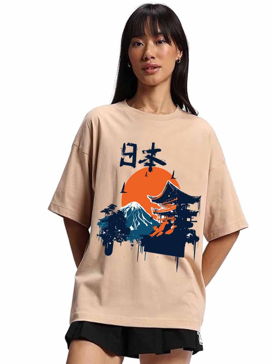 

JUNEBERRY Women Printed Pure Cotton Raw Edge T-shirt, Beige