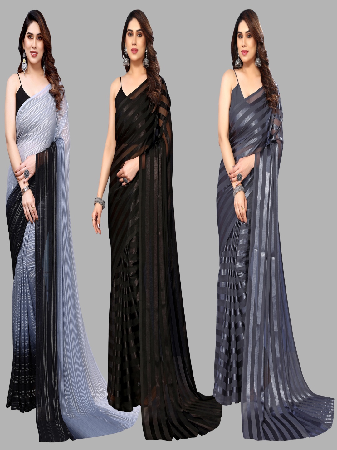 

ANAND SAREES Striped Satin Saree, Black