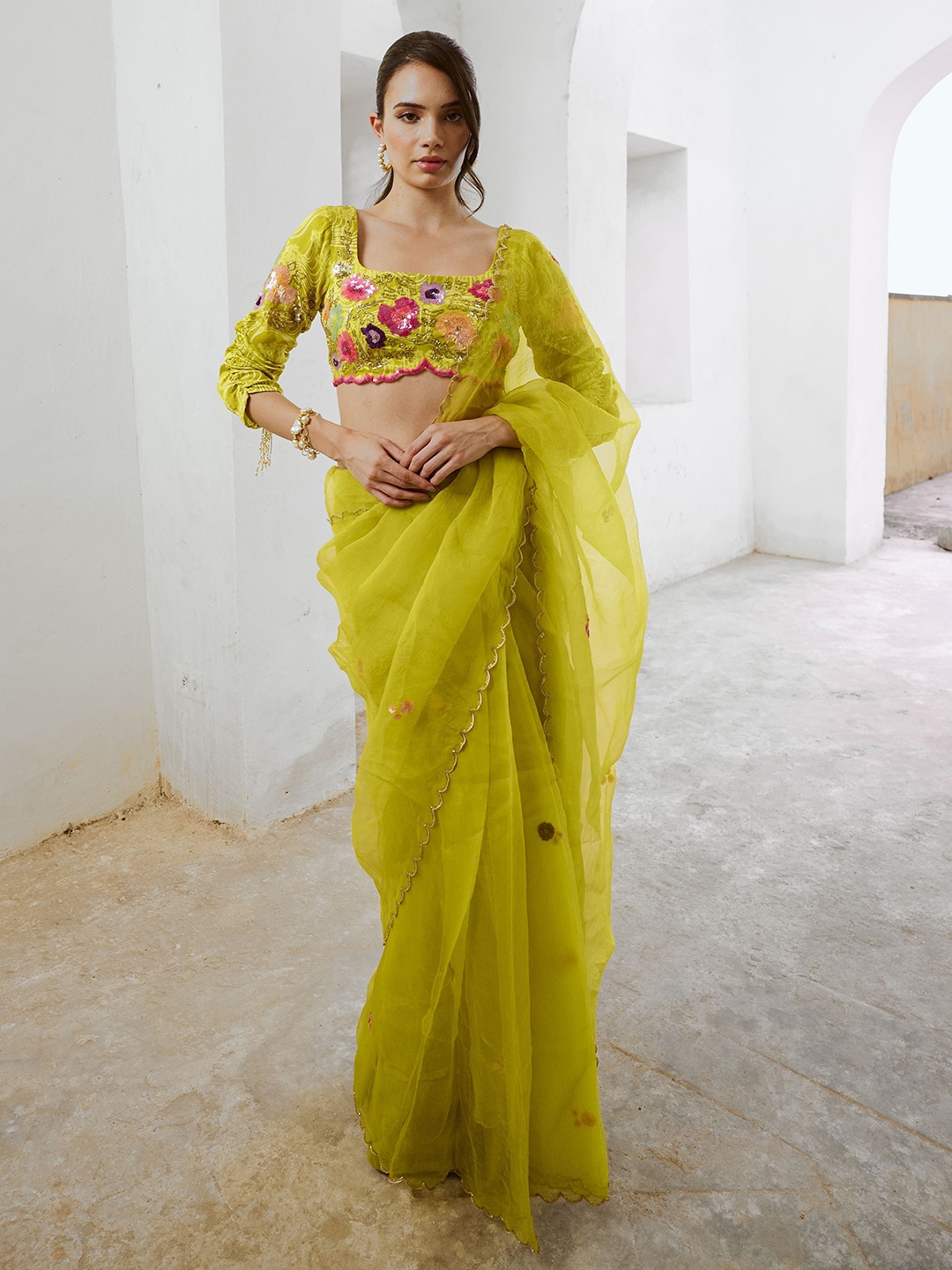 

Pallavi Jaipur Organza Saree, Lime green