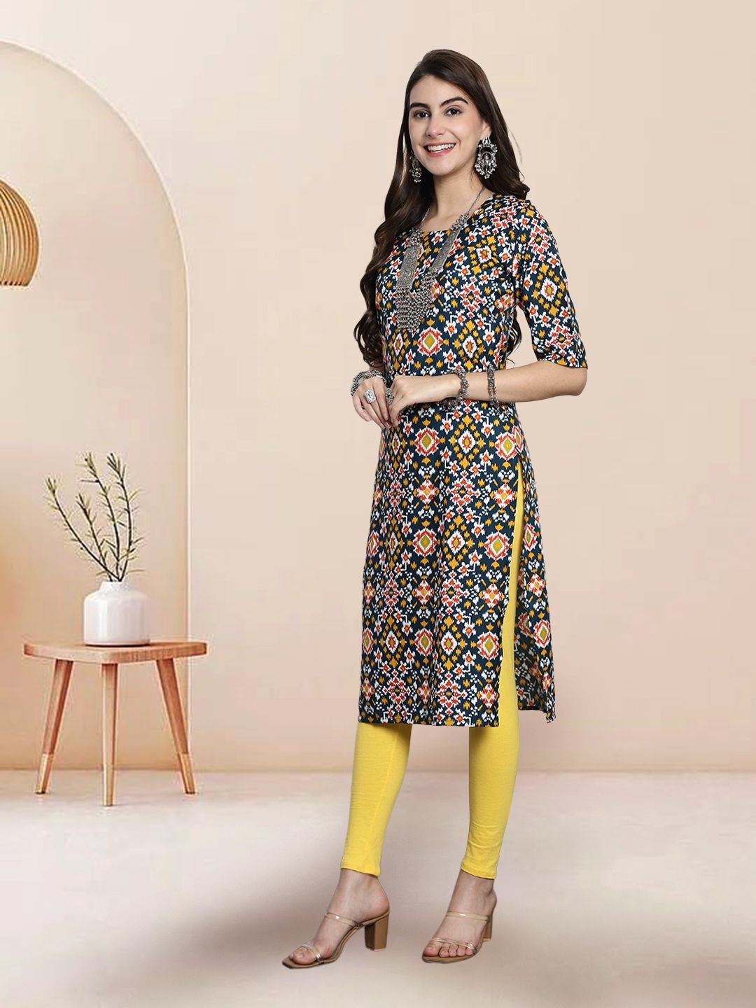 

7Threads Selection Of 3 Ethnic Motifs Printed Round Neck Straight Kurtas, Black