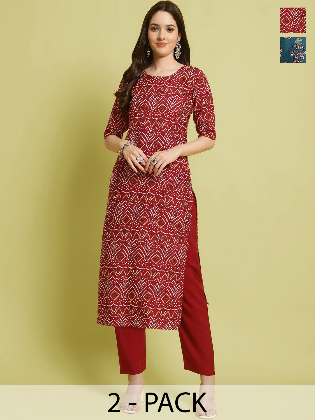 

7Threads Selection Of 2 Floral Printed Straight Kurta With Trousers, Teal