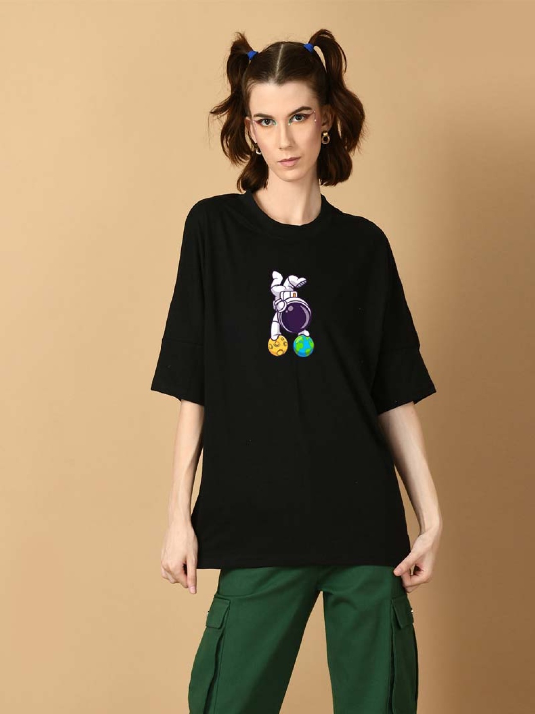

OFFMINT Printed Cotton Oversized Drop-Shoulder Sleeves T-shirt, Black