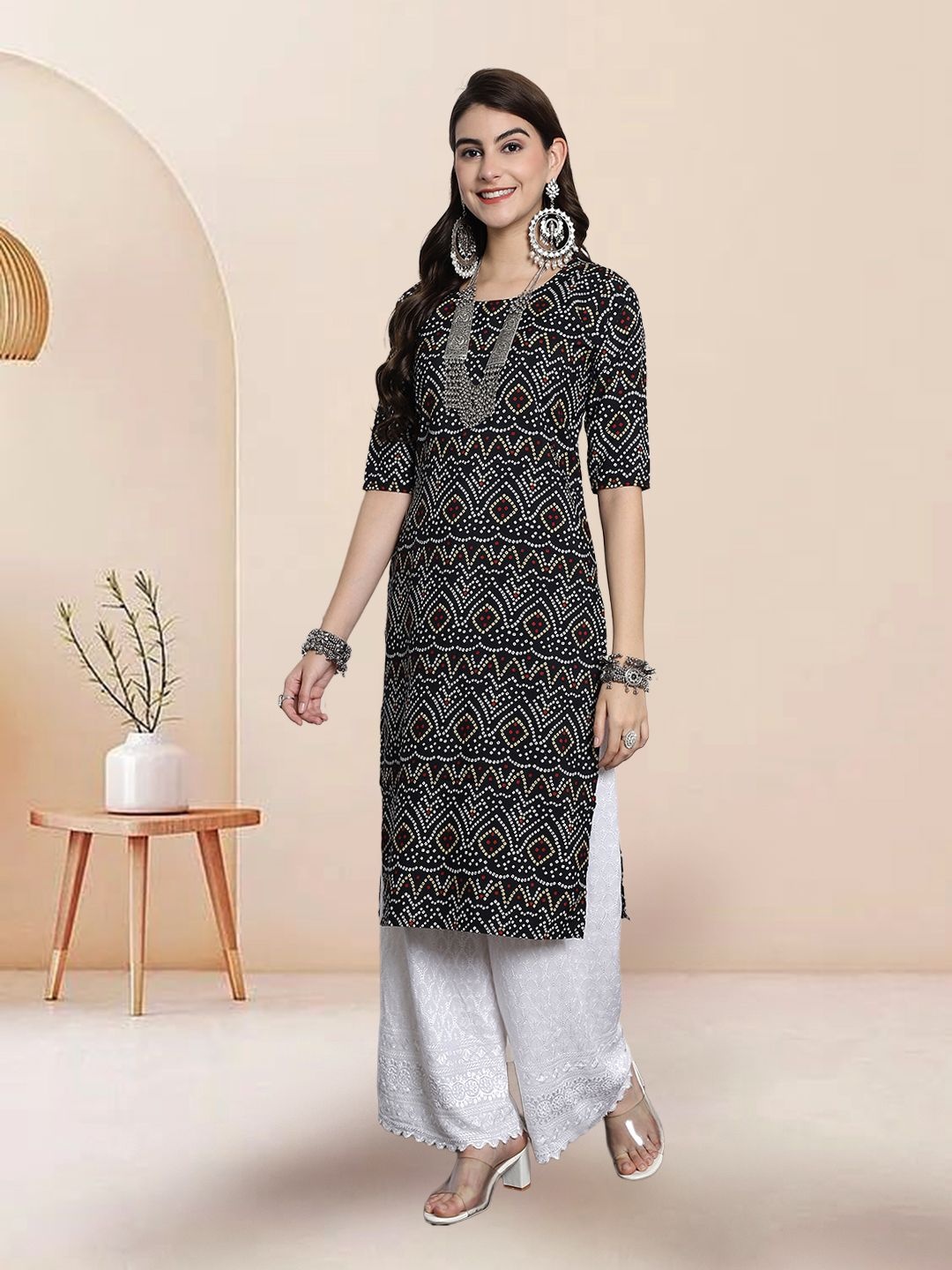 

7Threads Selection Of 3 Bandhani Printed Round Neck Straight Kurtas, Black