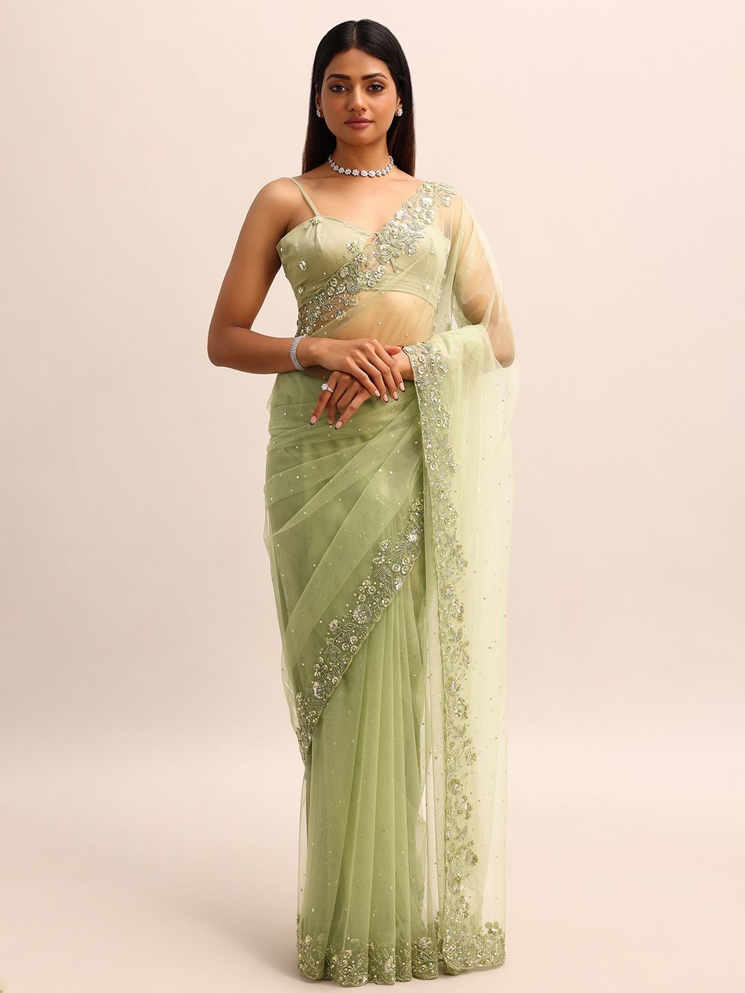 

KALKI Fashion Floral Embroidered Net Saree, Green