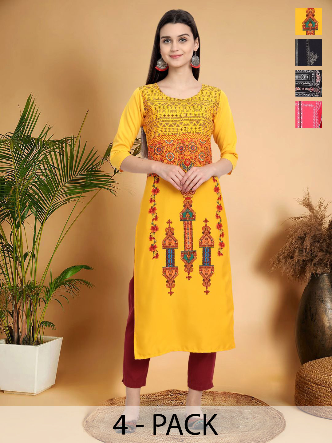 

7Threads Selection Of 4 Ethnic Motifs Printed Round Neck Kurtas, Yellow