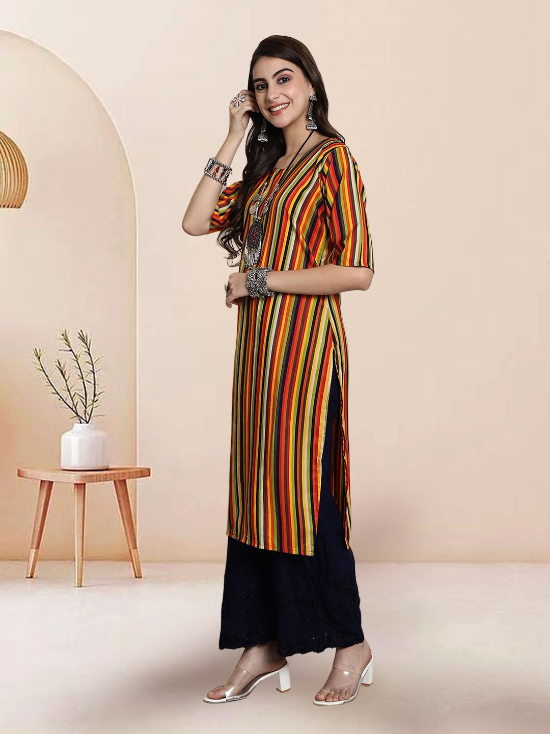 

7Threads Selection Of 3 Striped Printed Straight Kurtas, Black