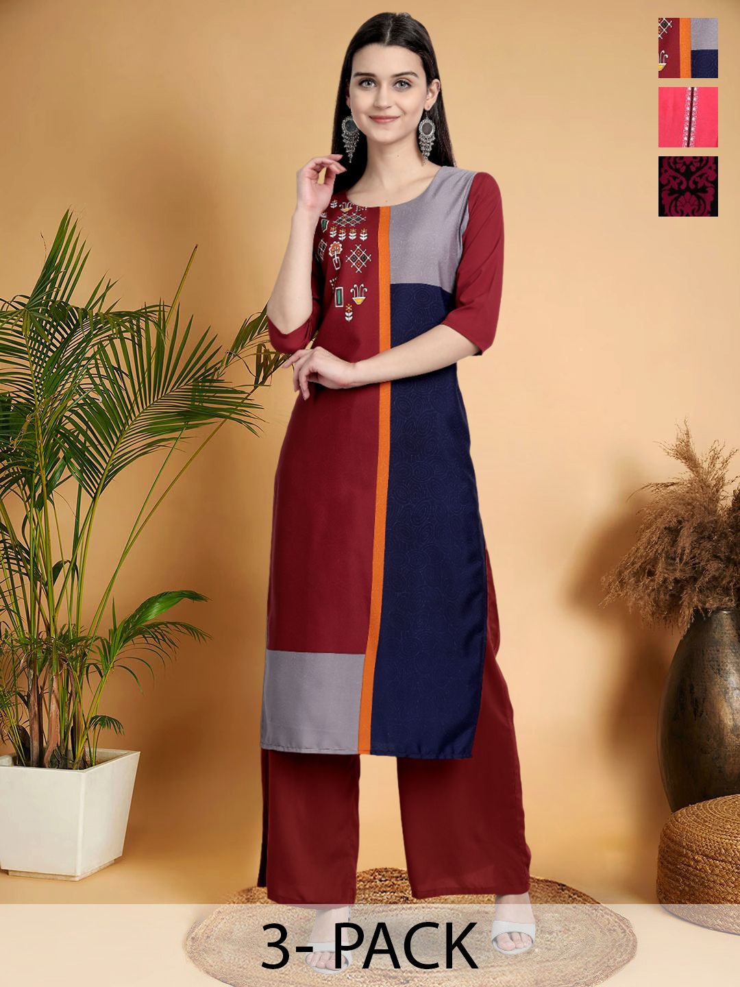 

7Threads Selection Of 3Floral Printed Round Neck Kurtas, Maroon
