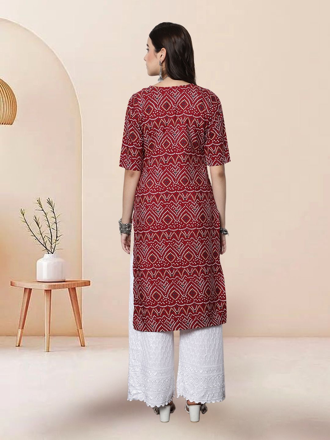 

7Threads Selection Of 4 Bandhani Printed Round Neck Straight Kurtas, Maroon