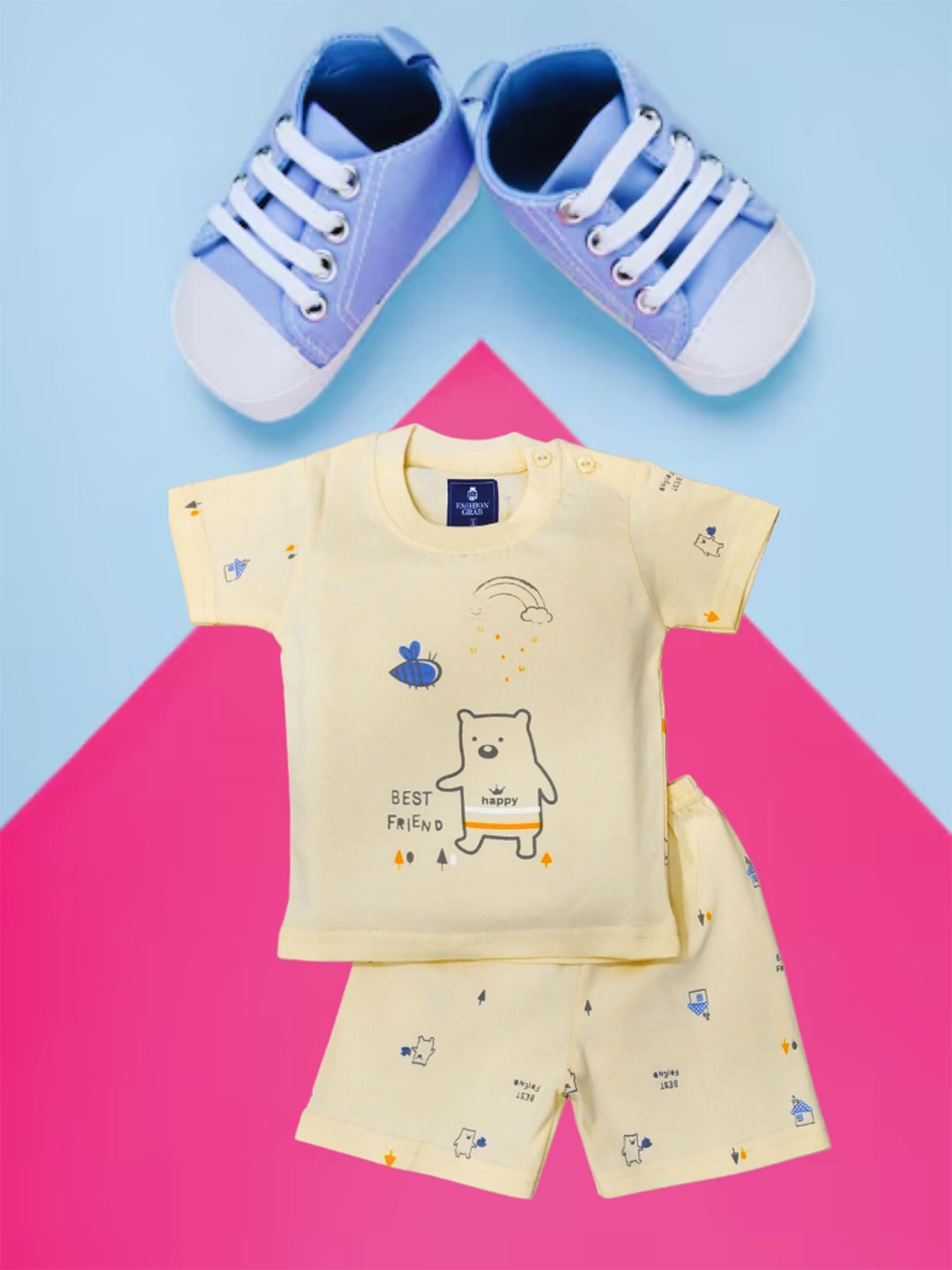 

FASHION GRAB Kids Printed Pure Cotton T-Shirt With Shorts, Cream