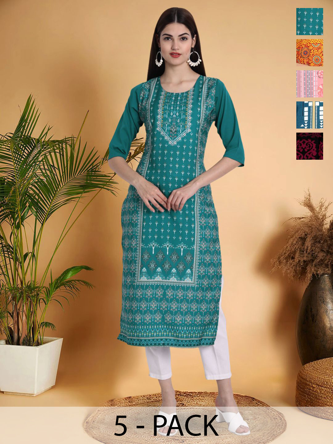 

7Threads Selection Of 5 Ethnic Motifs Printed Round Neck Straight Kurtas, Green