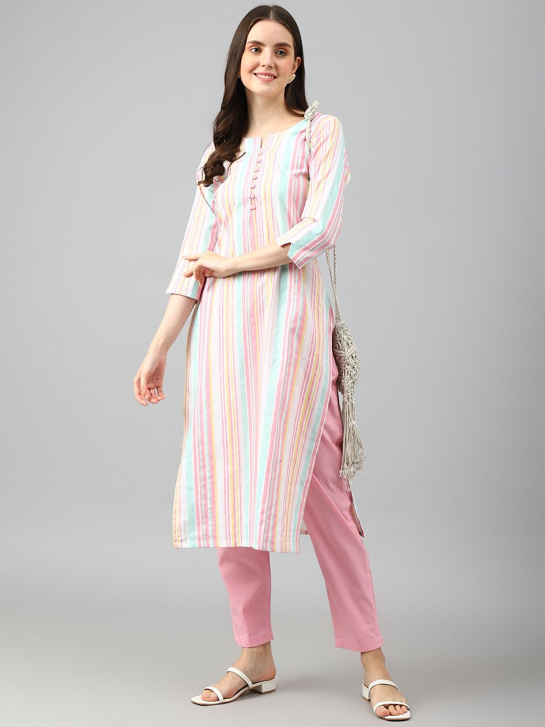 

KALINI Selection Of 2 Striped Round Neck Straight Kurtas with Trousers, White