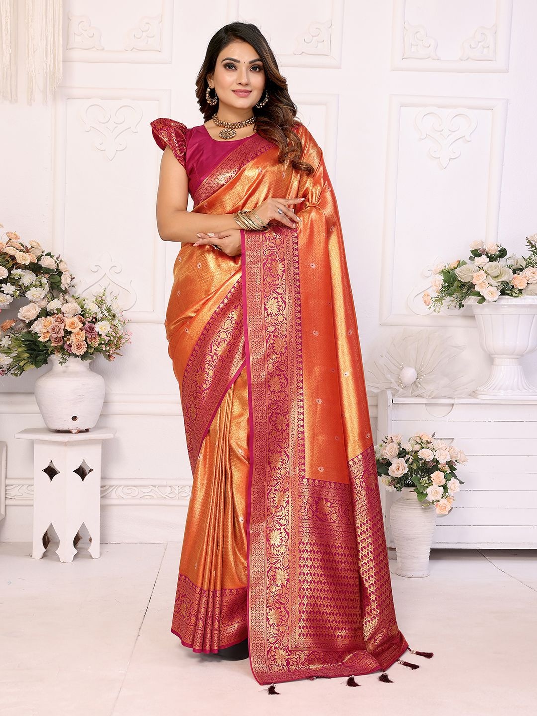 

Panzora Floral Zari Silk Blend Banarasi Saree, Orange
