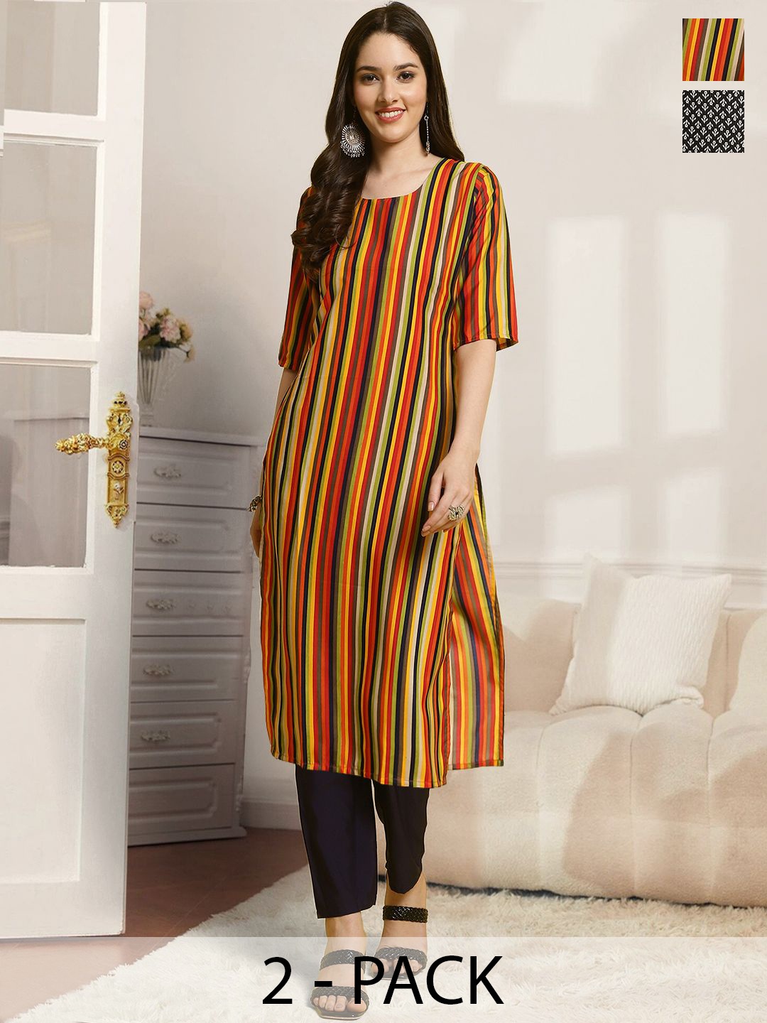 

7Threads Selection Of 2 Striped Round Neck Straight Kurta With Trousers, Red