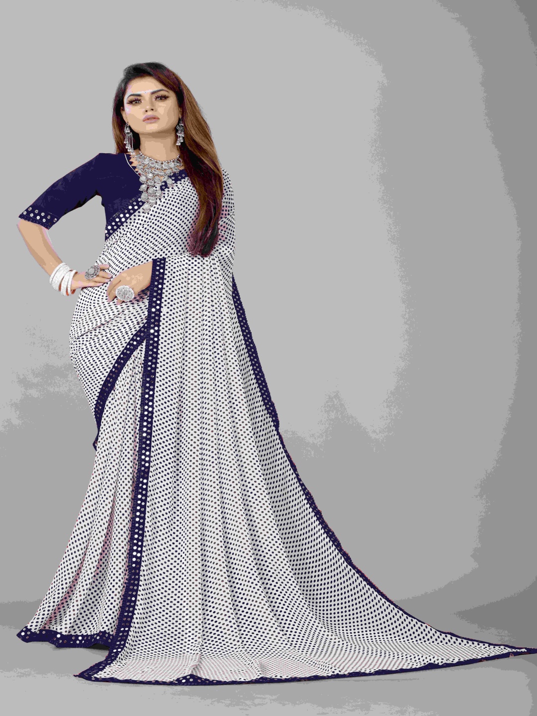 

Flip The Style Tussar Sequinned Polka Dot Pure Georgette Saree, Navy blue