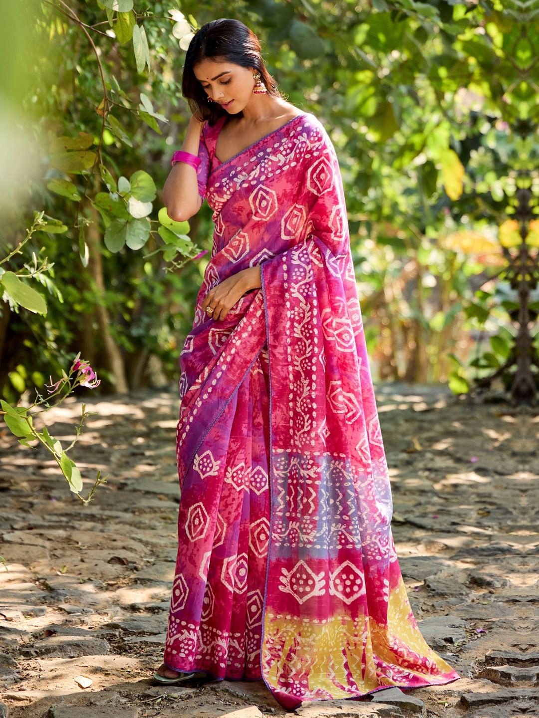 

CHUDIYA Pure Cotton Ikat Saree, Rose