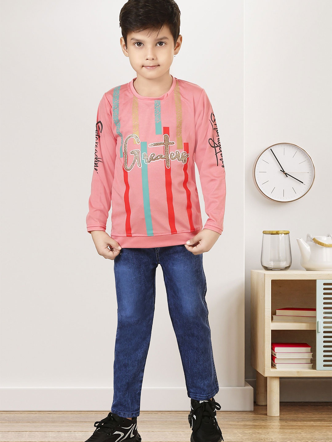 

LUCII Boys Printed Long Sleeves Sweatshirt With Jeans, Pink