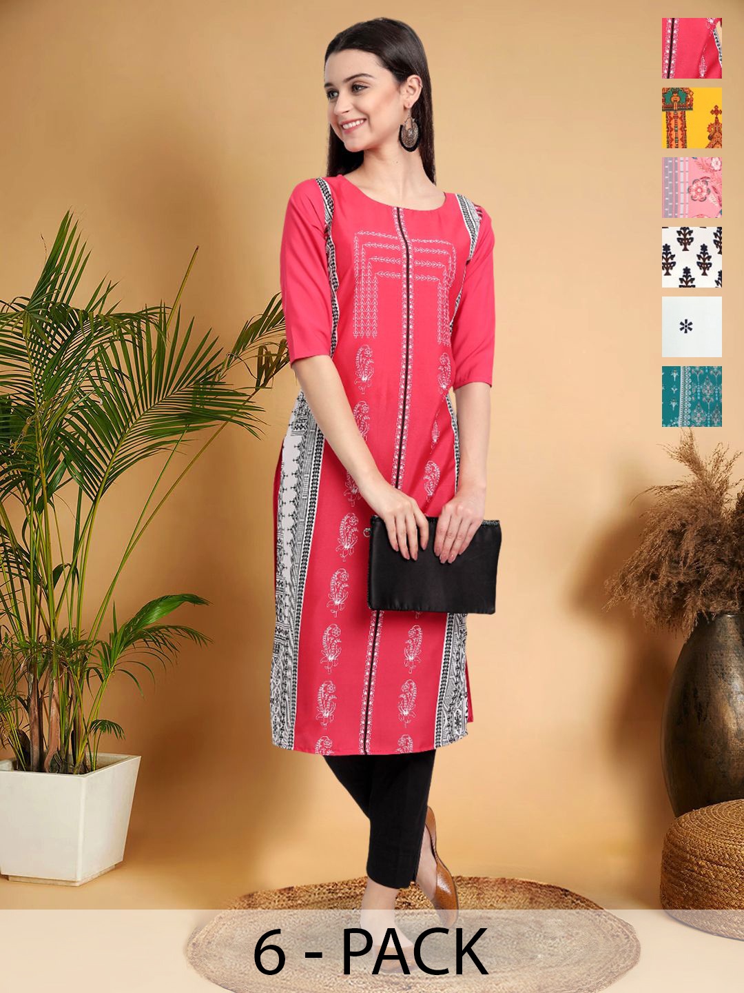 

7Threads Selection Of 6 Floral Printed Round Neck Straight Kurtas, Peach