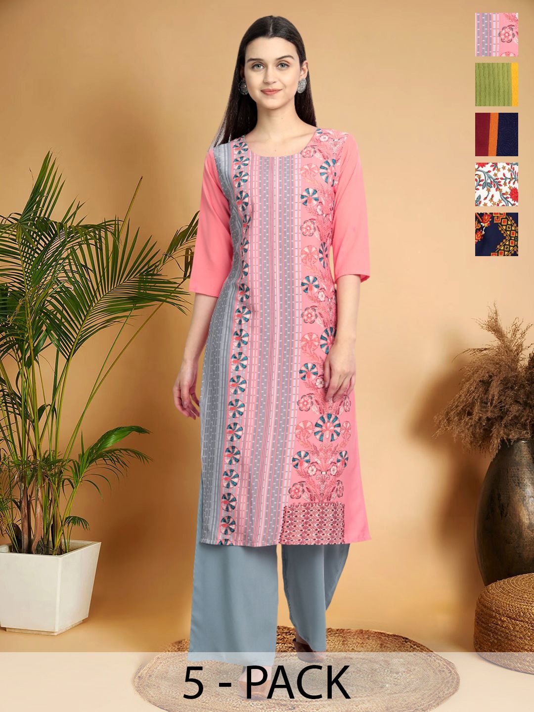 

7Threads Selection Of 5 Floral Printed Round Neck Straight Kurtas, Pink