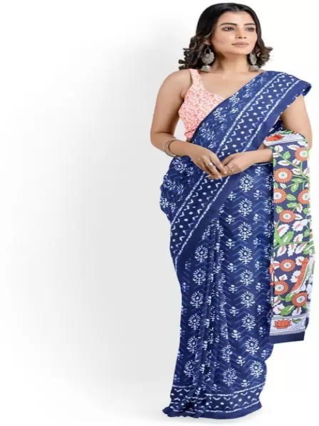 

JALTHER Floral Linen Blend Block Print Saree, Blue
