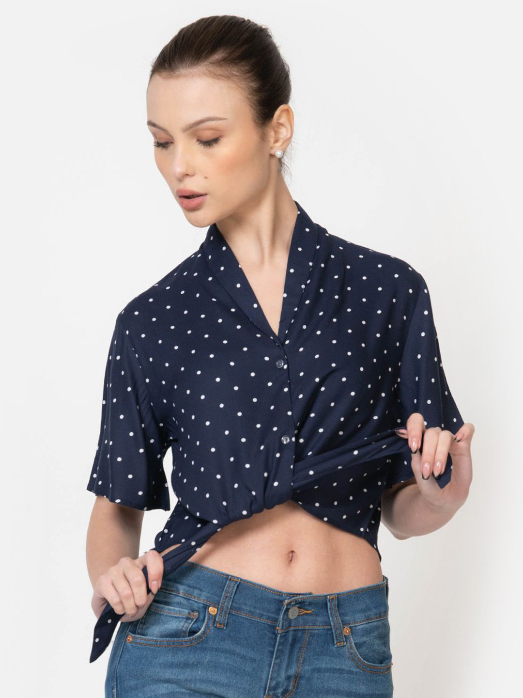 

June 9 Clothing Women Classic Fit Polka Dot Printed Casual Shirt, Navy blue