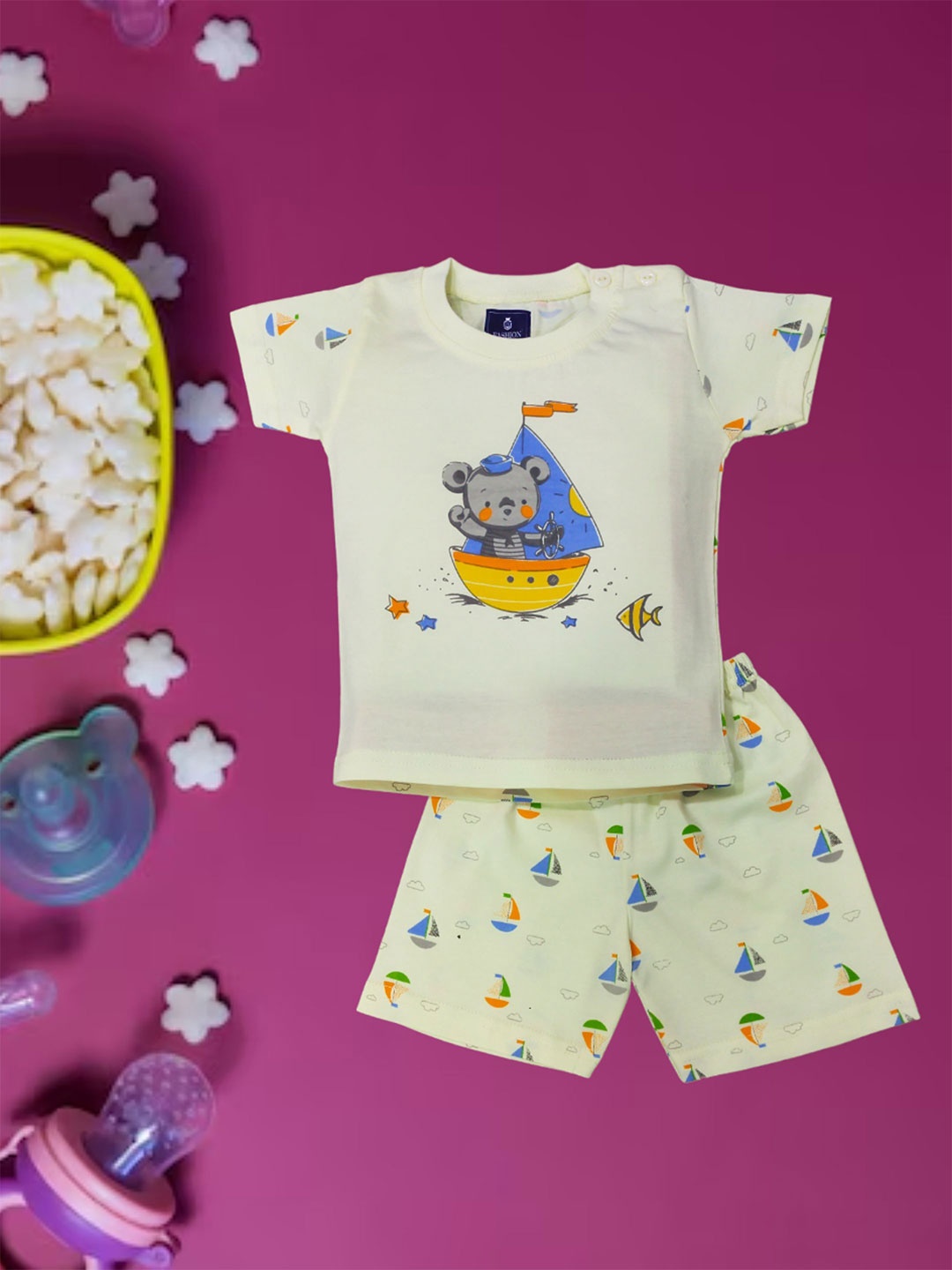 

FASHION GRAB Kids Printed Pure Cotton T-Shirt With Shorts, Yellow