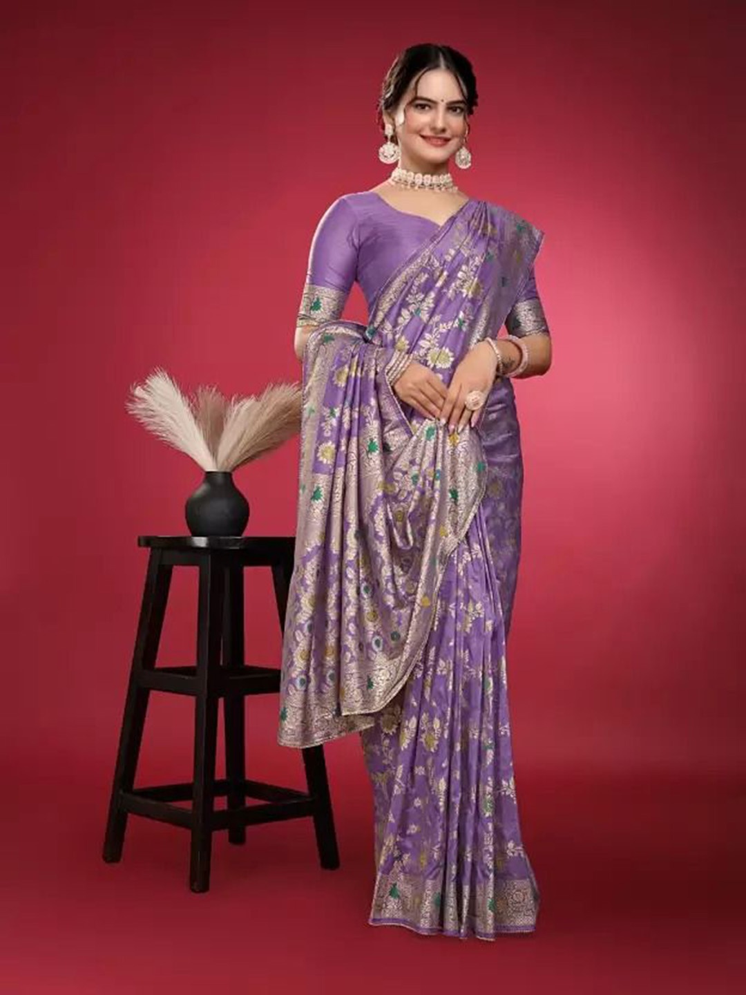 

Florence Woven Design Pure Silk Fusion Saree, Lavender