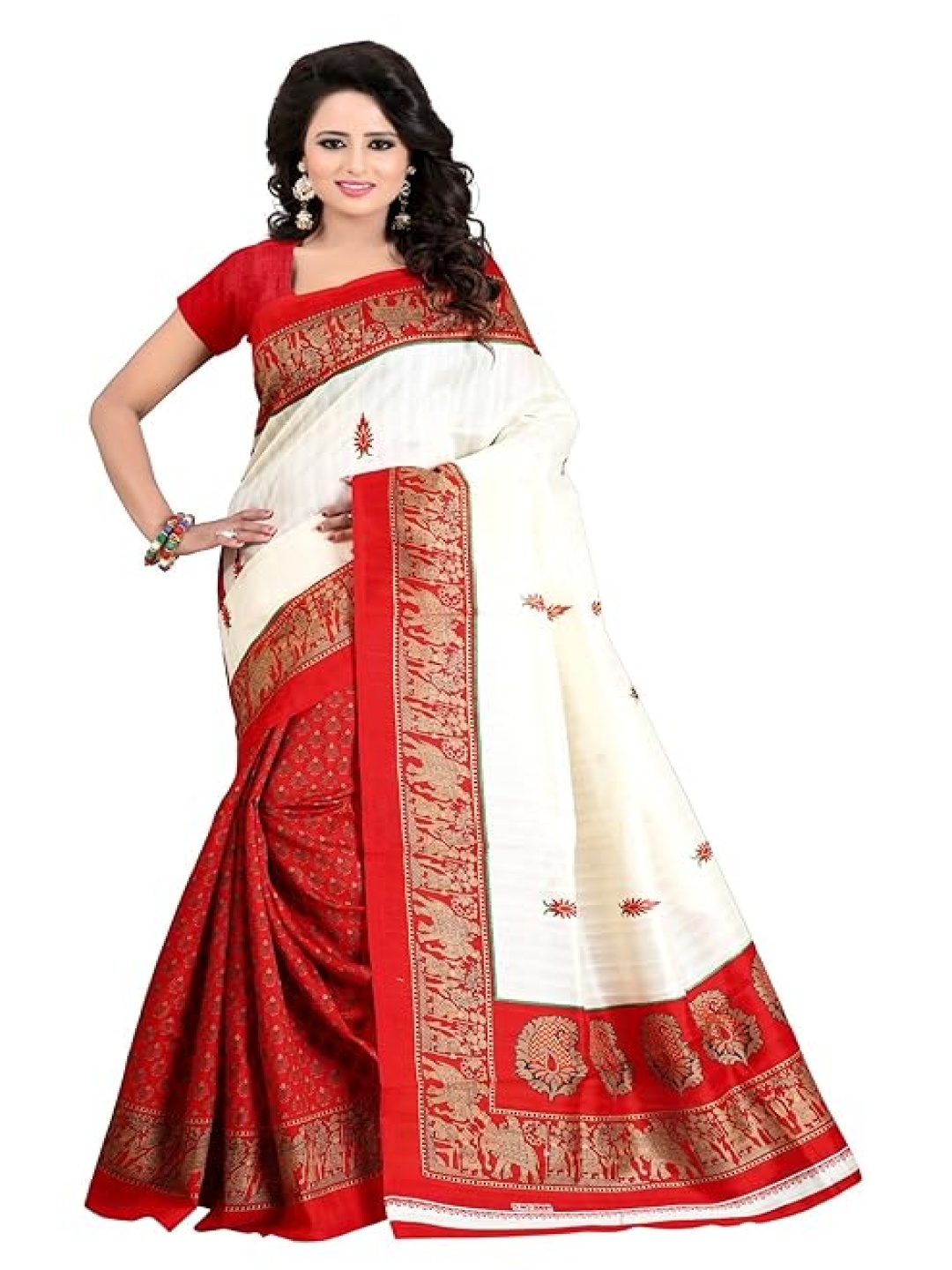 

KALINI Ethnic Motifs Silk Cotton Kanjeevaram Saree, Red