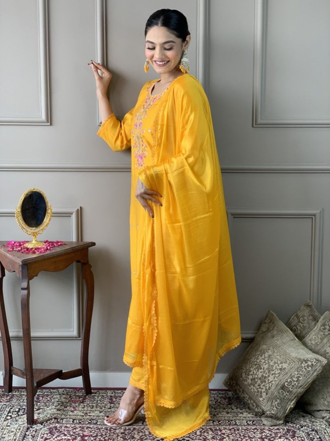 

Siya Fashion Floral Embroidered Sequinned Straight Kurta With Trousers & Dupatta, Yellow