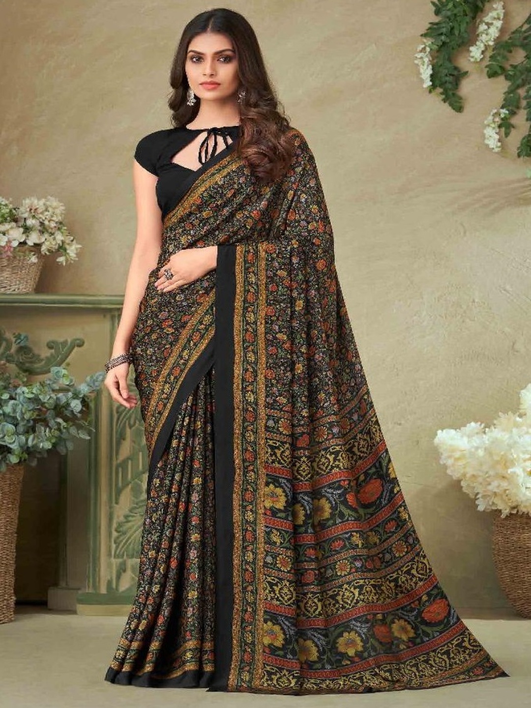 

Reboot Fashions Ethnic Motifs Pure Crepe Saree, Black