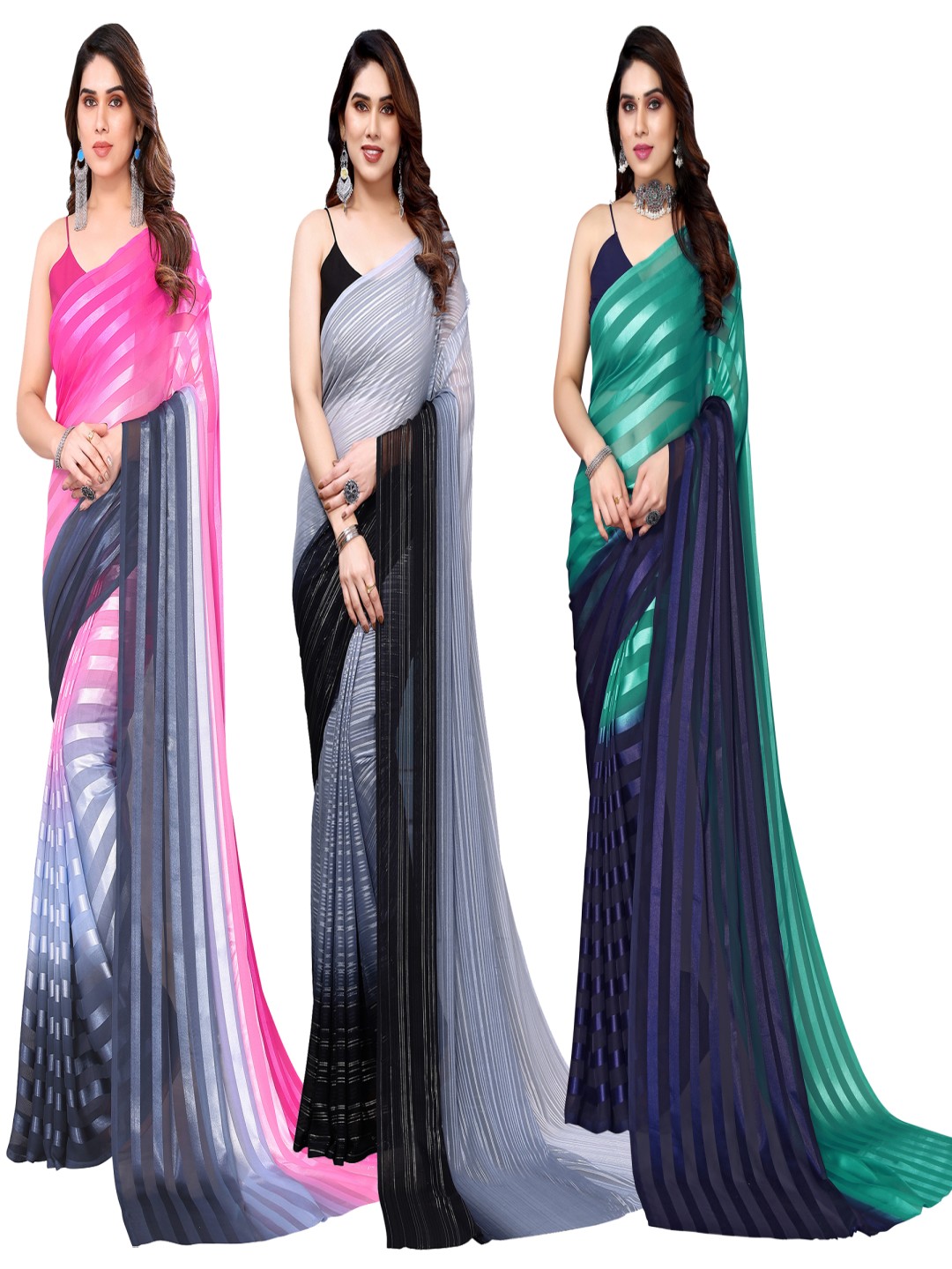 

ANAND SAREES Striped Satin Saree, Pink