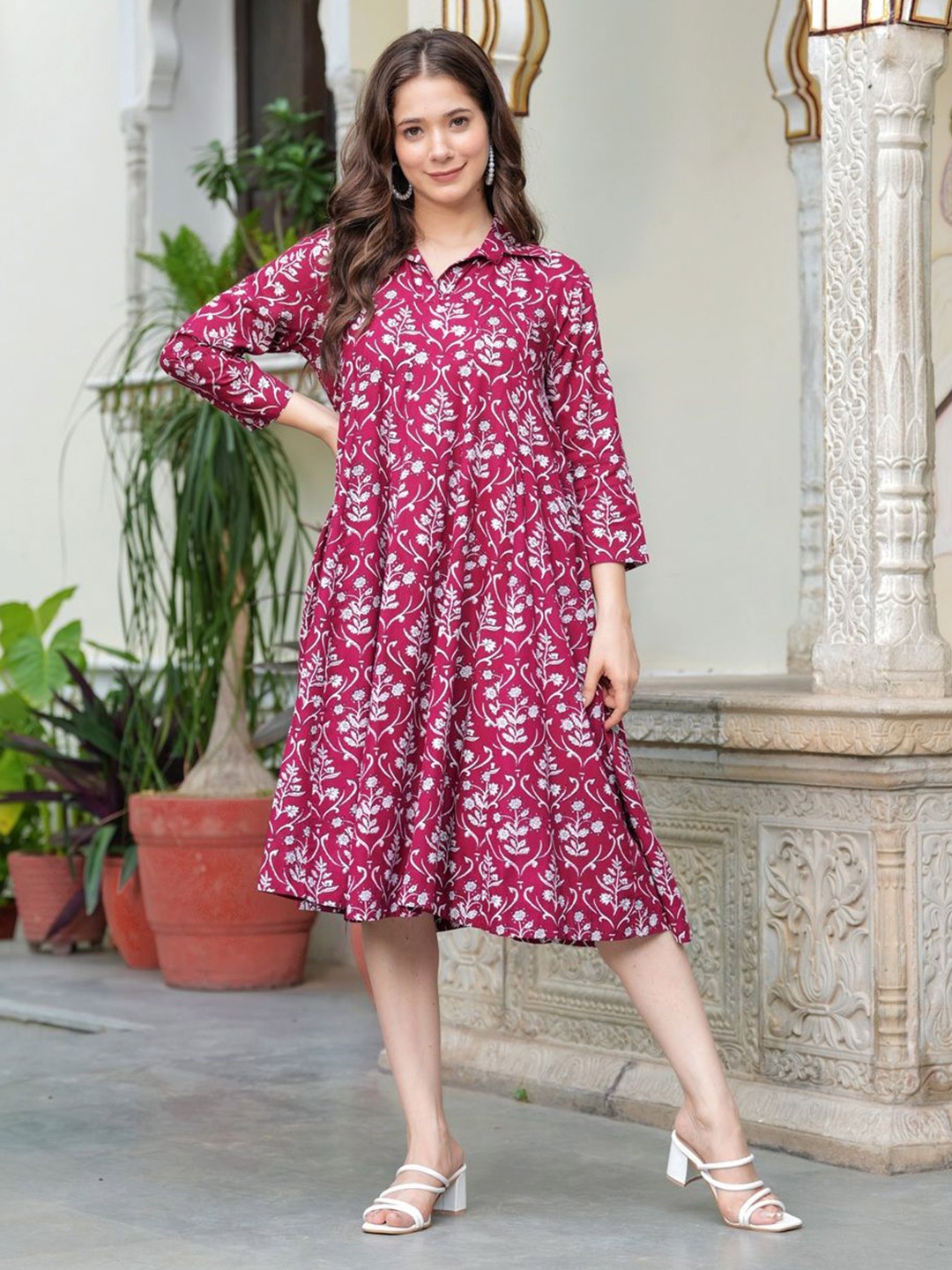 

Demirner Floral Print Fit & Flare Dress, Maroon