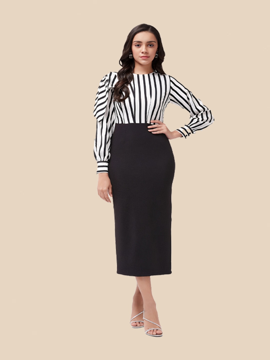 

N N ENTERPRISE Striped Sheath Midi Dress, Black