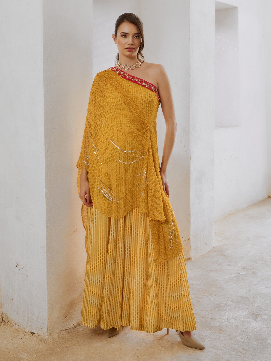 

Pallavi Jaipur Printed One Shoulder Neck Jumpsuit With Shrug, Mustard