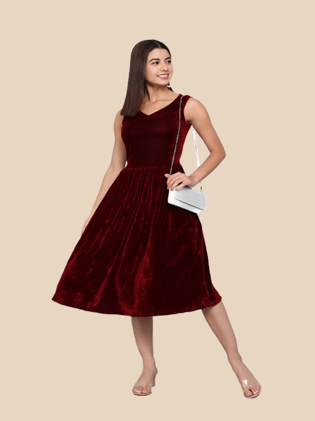 

N N ENTERPRISE Fit & Flare Midi Dress, Red