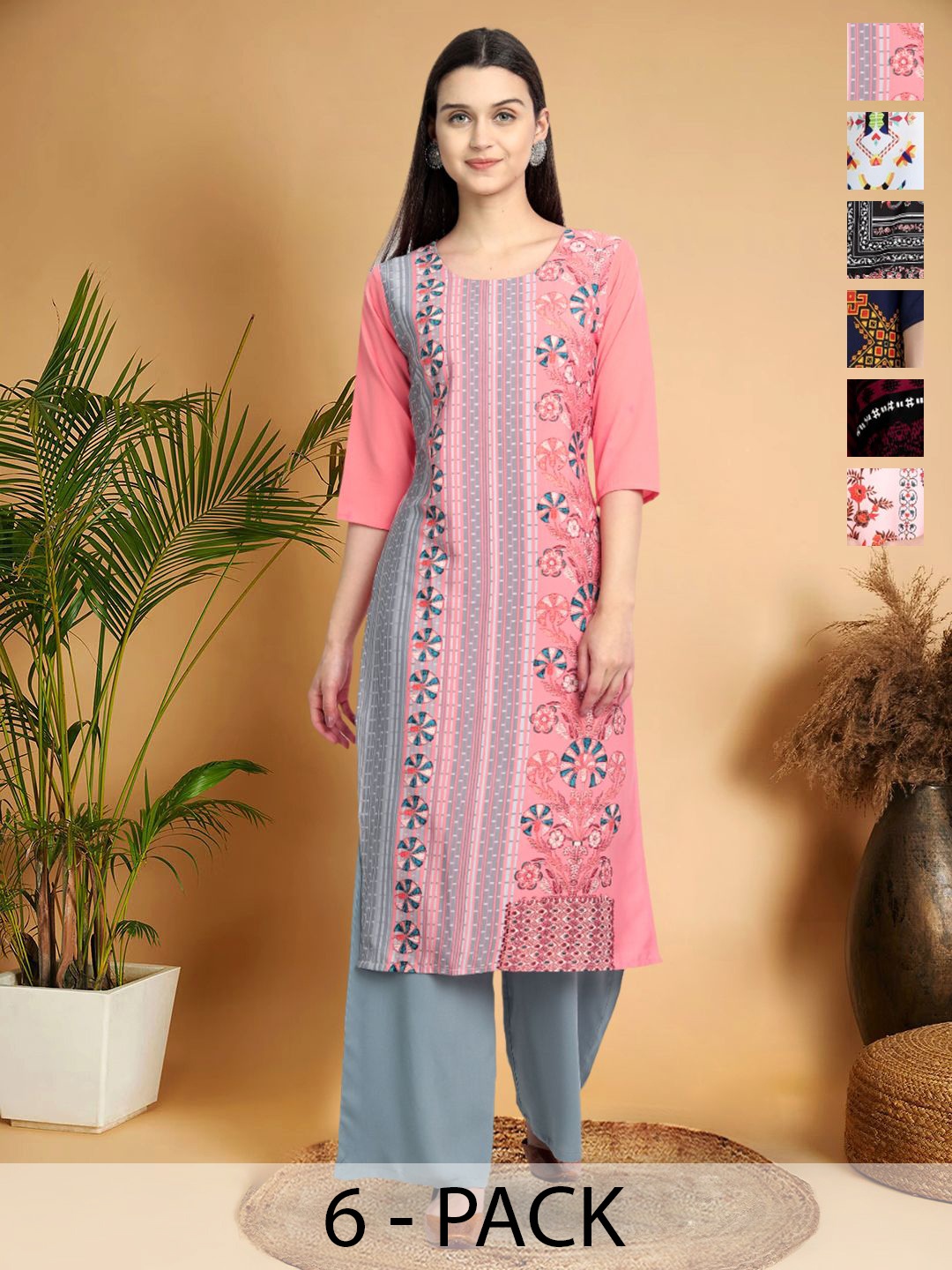 

7Threads Selection Of 6 Ethnic Motifs Printed Round Neck Kurtas, Pink