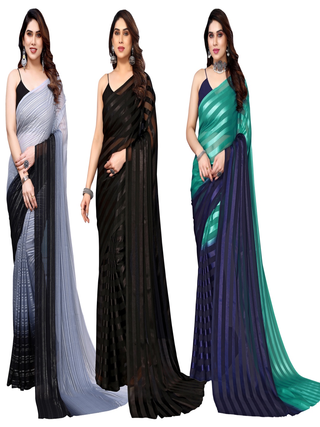 

ANAND SAREES Striped Satin Saree, Grey