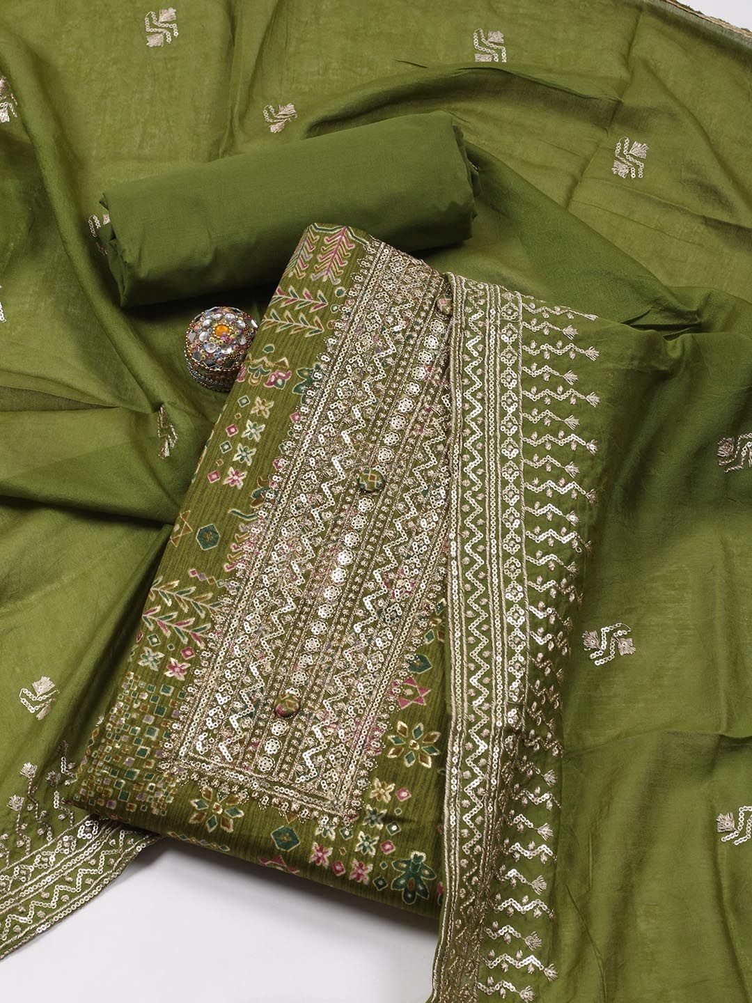 

Meena Bazaar Floral Printed Sequinned Cotton Unstitched Dress Material, Green