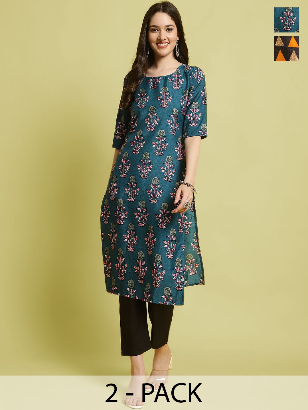 

7Threads Selection Of 2 Floral Printed Straight Kurta With Trousers, Teal