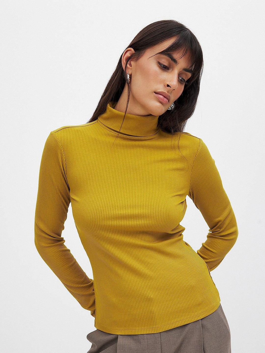 

Nalax Designs Ribbed Turtle Neck Full Sleeve Top, Mustard