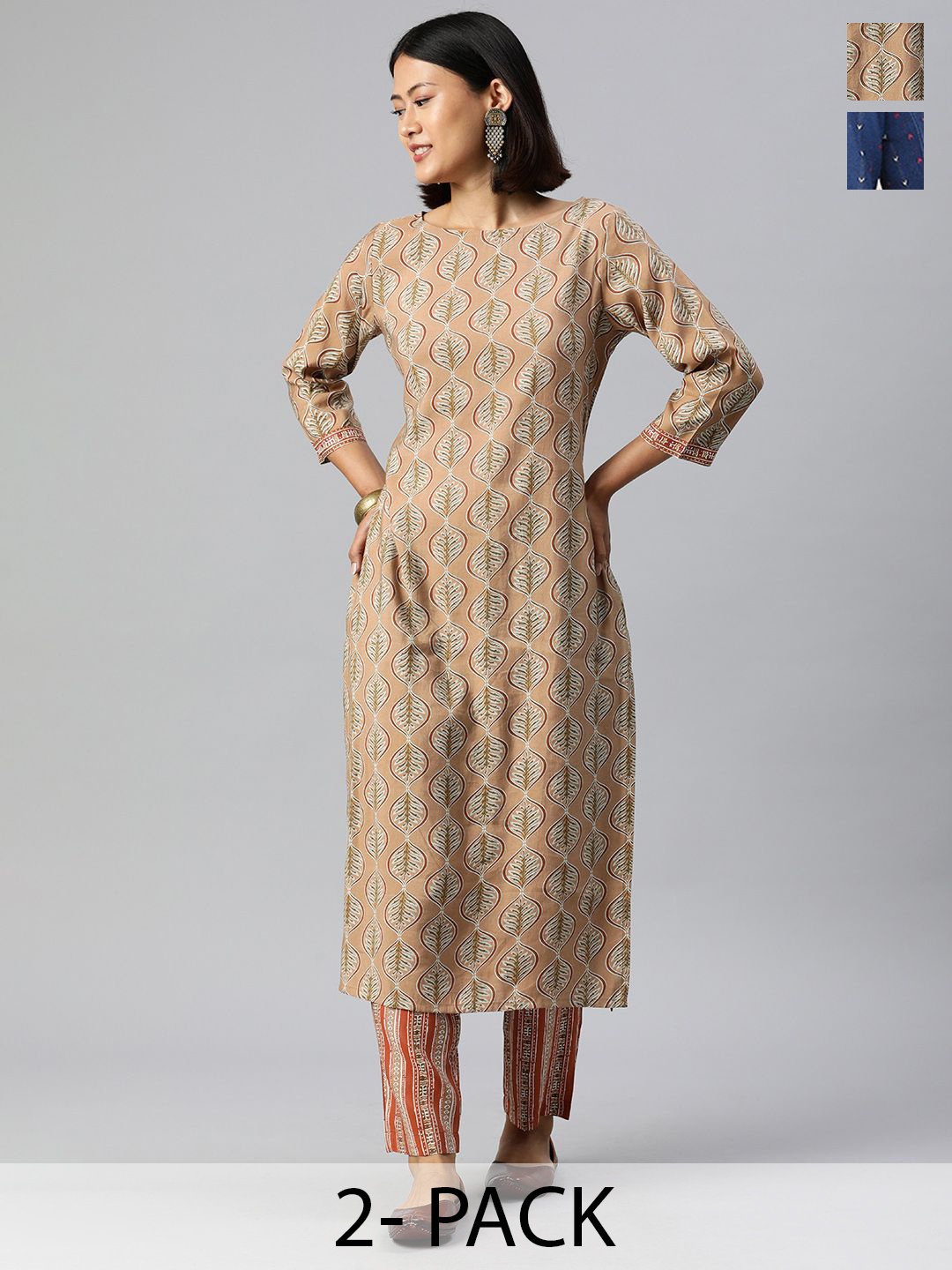 

KALINI Selection of 2 Ethnic Motifs Boat Neck Straight Kurta with Trousers, Brown