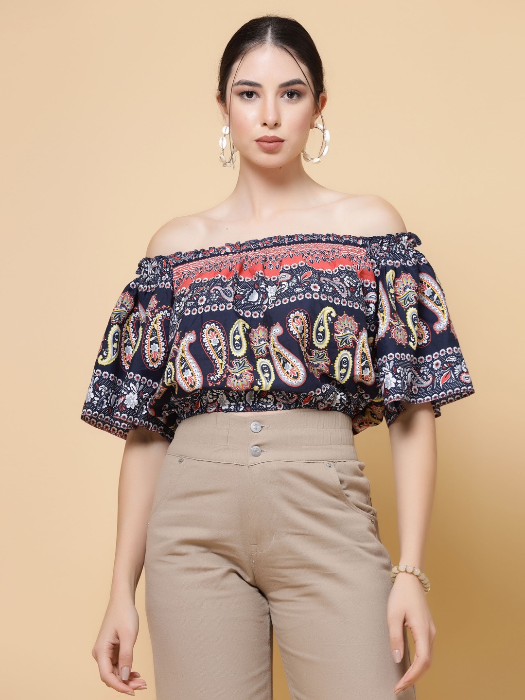 

MISS AYSE Print Off-Shoulder Flared Sleeve Crepe Bardot Crop Top, Multi