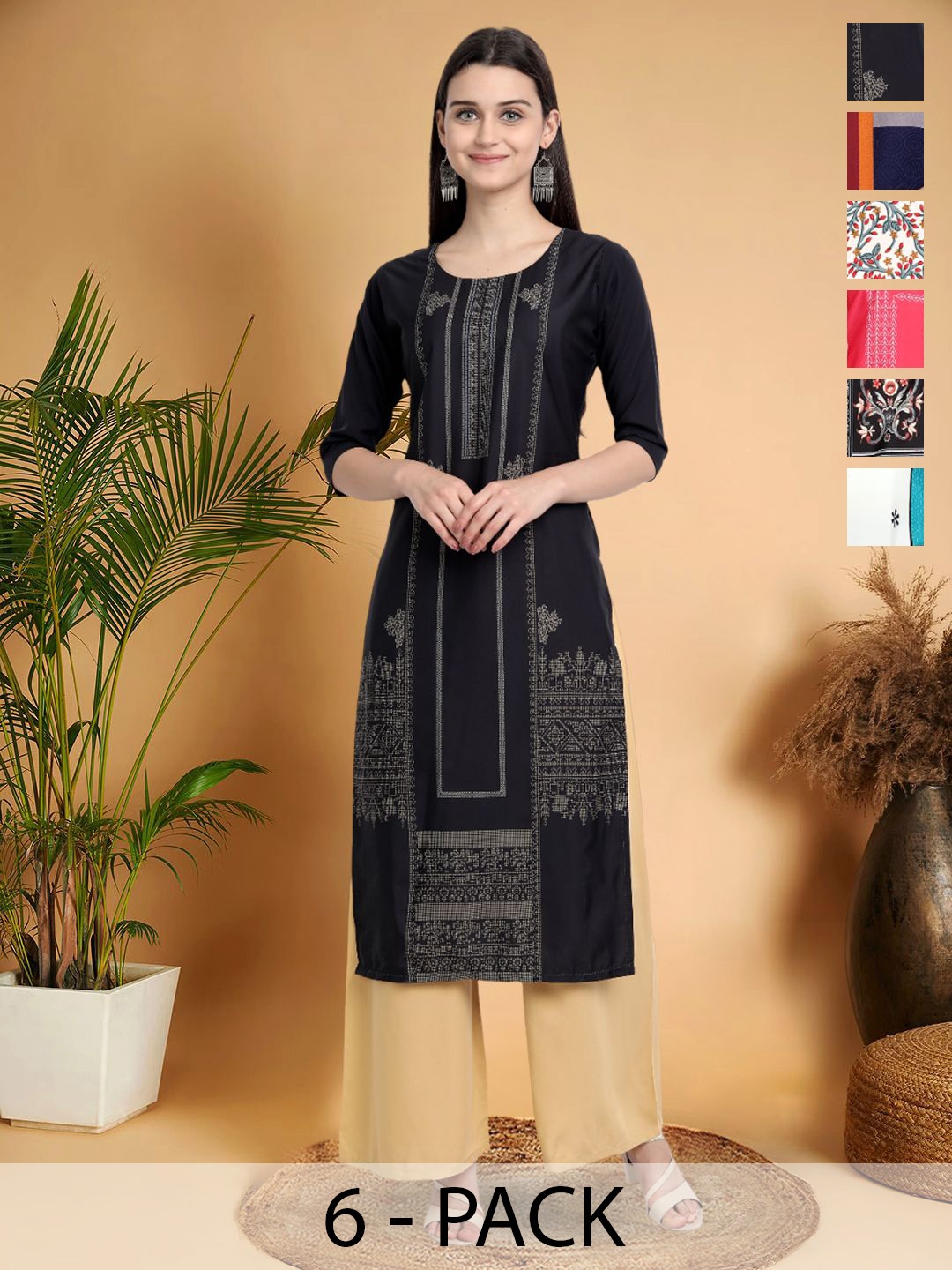 

7Threads Selection Of 6 Ethnic Motifs Printed Round Neck Kurtas, Black