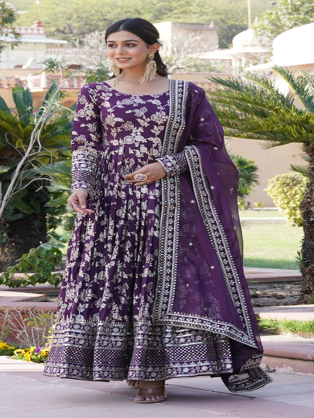 

KALINI Zari Embroidered Round Neck Anarkali Ethnic Dress, Violet