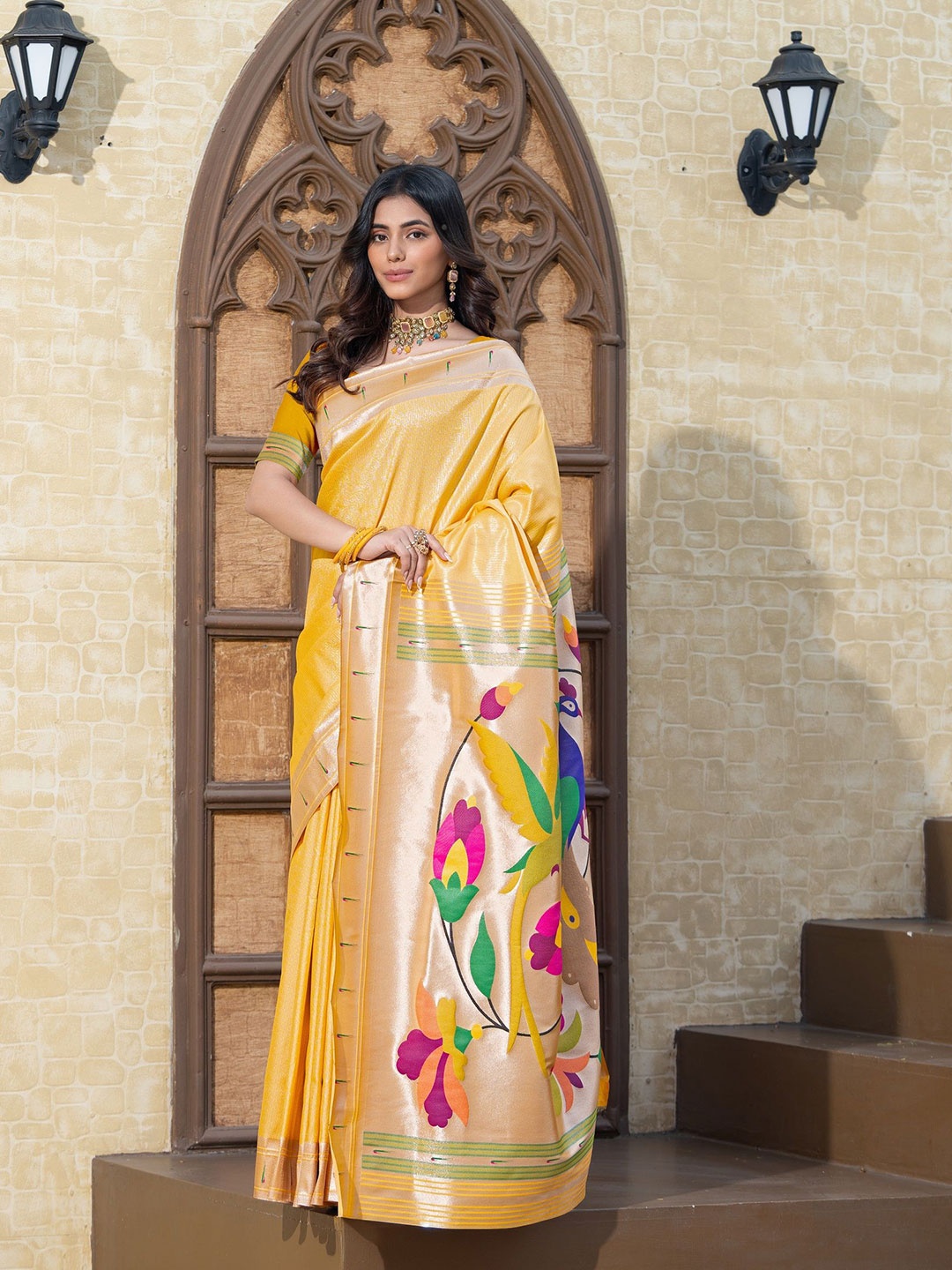 

MAHALASA Floral Zari Pure Silk Paithani Saree, Yellow