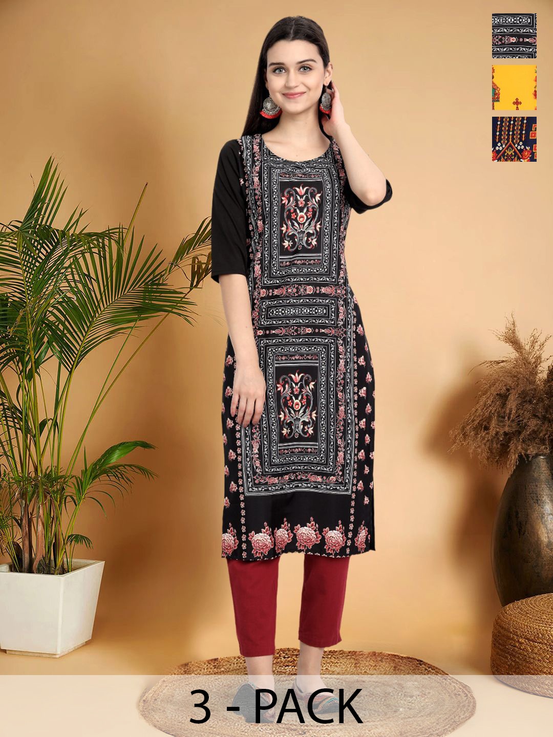 

7Threads Selection Of 3 Ethnic Motifs Printed Round Neck Kurtas, Black